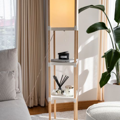 FIX-2020-1 WOODEN FLOOR LAMP WITH 3 LAYERS PLASTIC SHELVES 
