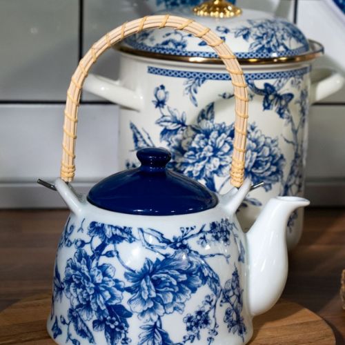 Blue Life Porcelain Herb Teapot with Wicker Handle