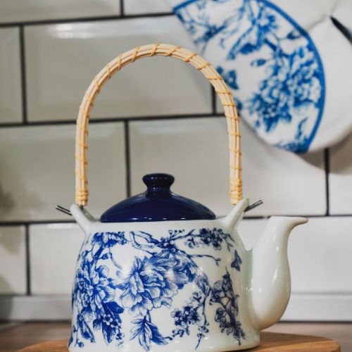 Blue Life Porcelain Herb Teapot with Wicker Handle