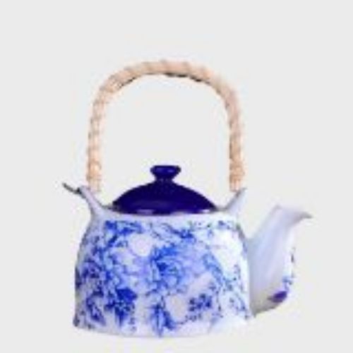 Blue Life Porcelain Herb Teapot with Wicker Handle